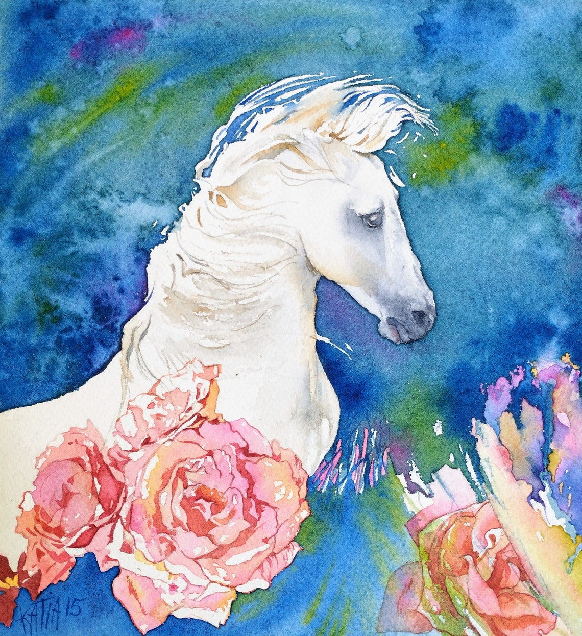 White Horse With Flower Watercolor Painting Art Print Of My Original Watercolor Animal And Rose Flower Wall Art Handmade