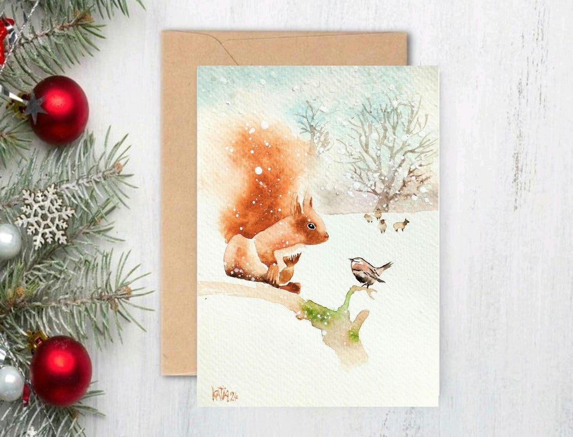 Red Squirrel and Bird on a Snowy Branch Christmas Watercolor Poster