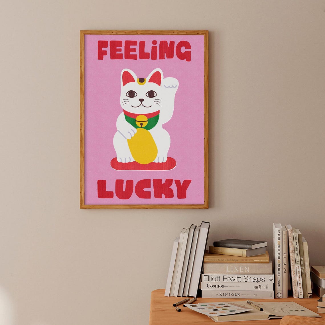 Feeling Lucky Japanese Maneki Neko Fortune Cat Pink Quote Poster - Image 3