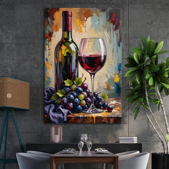 Red Wine Bottle Glass Grapes Classic Still Life Artwork Poster