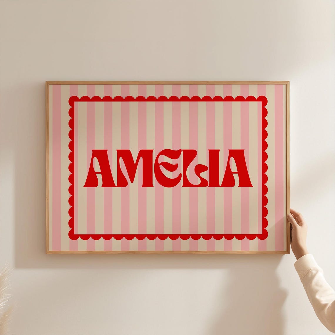 Custom Name Print Red Scallop Border Pink Striped Personalized Gift