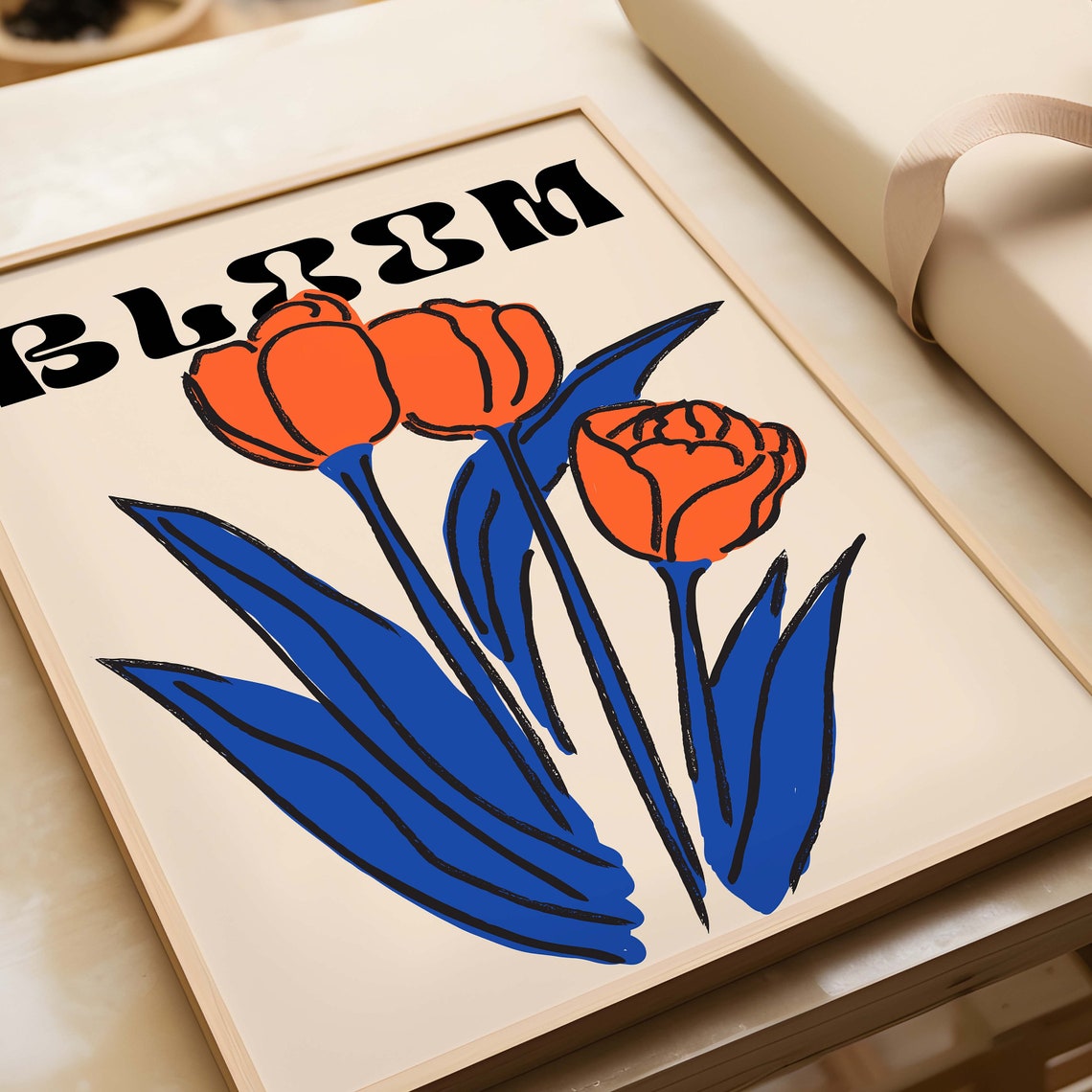 Bloom Retro Orange Tulips Botanical Illustration Blue Leaves Poster