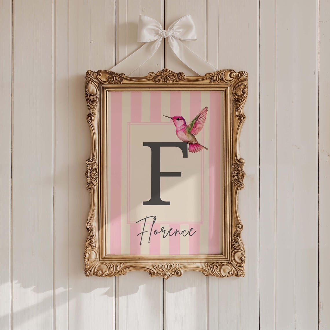 Floral Letter F Hummingbird Florence Name Nursery Monogram Poster