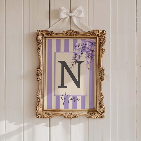 Personalized Wisteria Initial Letter Wall Art with Purple Stripes