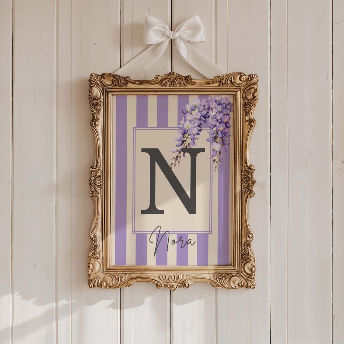 Personalized Wisteria Initial Letter Wall Art with Purple Stripes