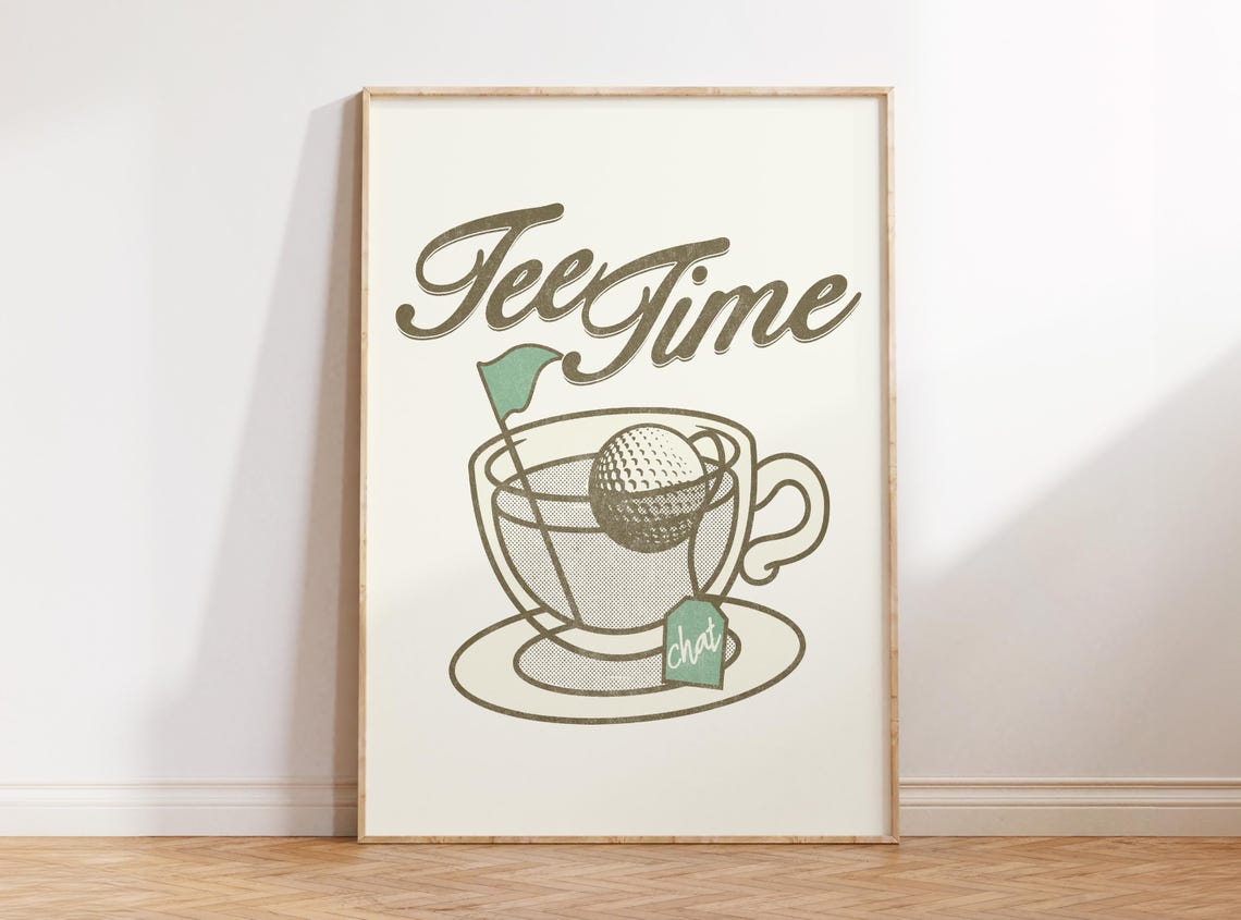 Tee Time Golf Ball Teacup Olive Ink Vintage Script Fun Poster