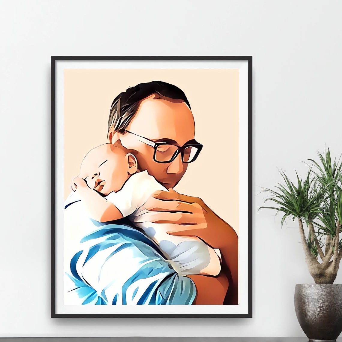 Joyful Dad And Son Cartoon Portrait Custom Illustration Poster - Image 6