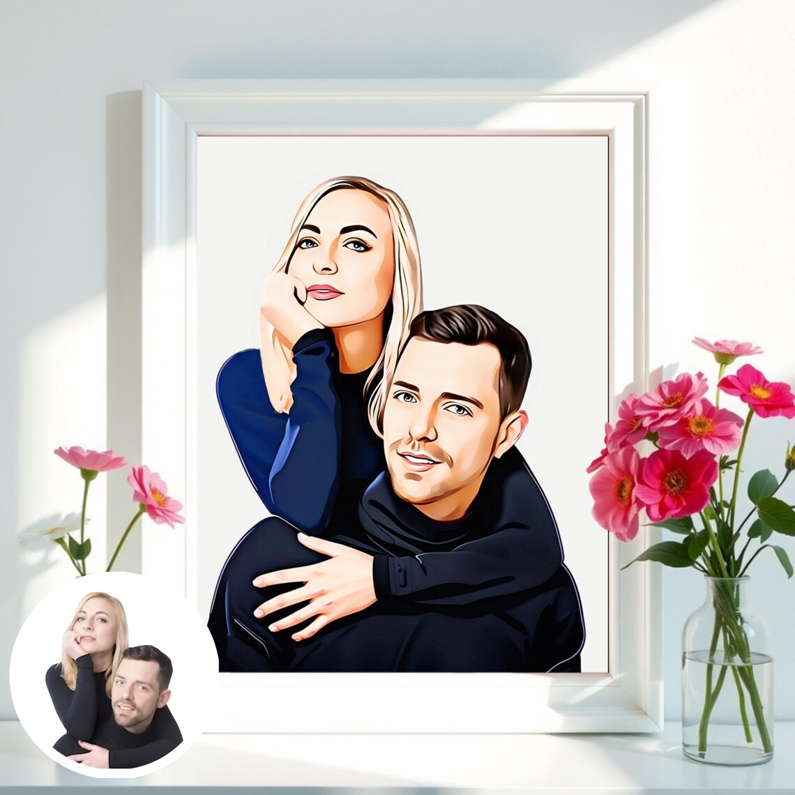 Playful Cartoon Couple Embrace Hug Custom Portrait From Photo Poster