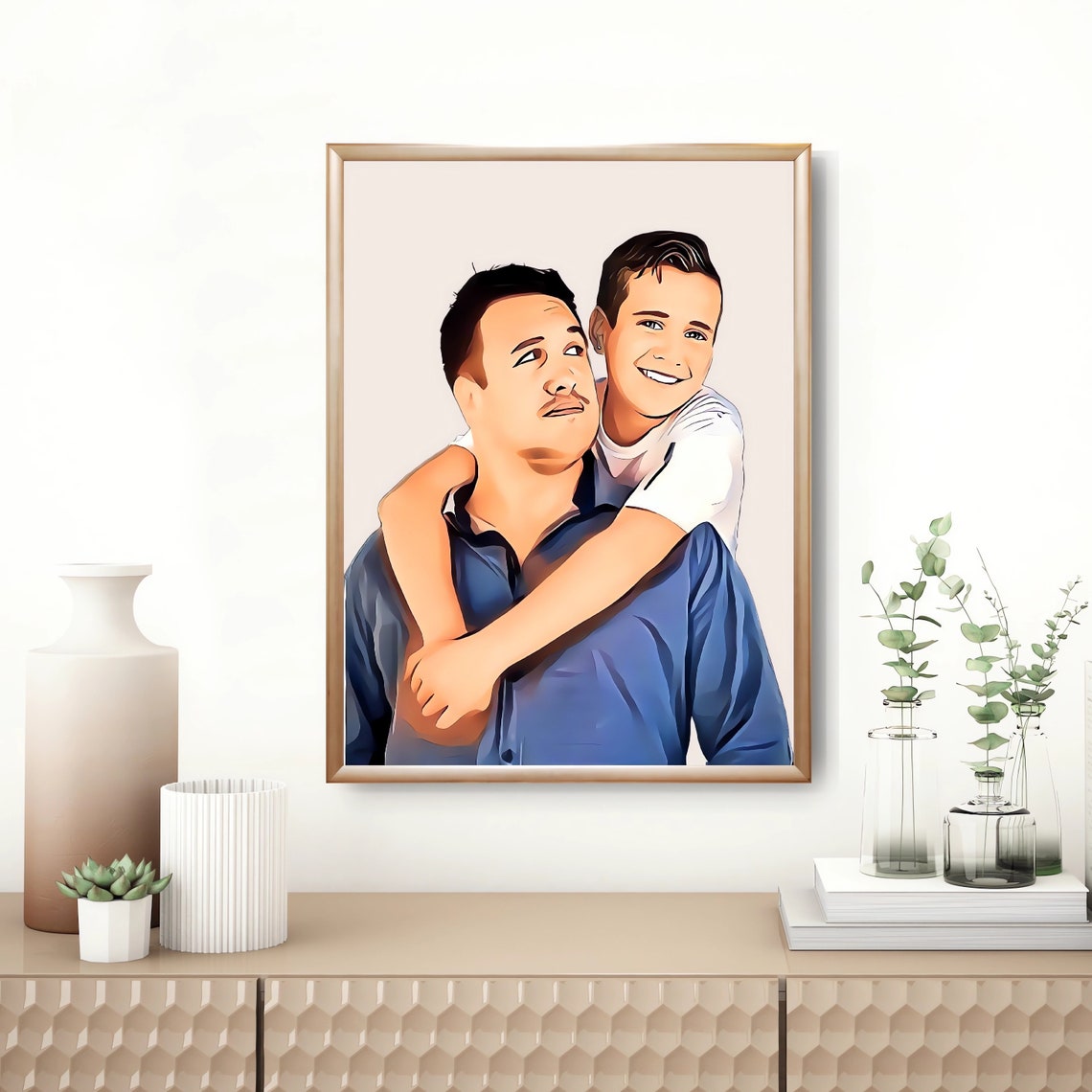 Joyful Dad And Son Cartoon Portrait Custom Illustration Poster - Image 2