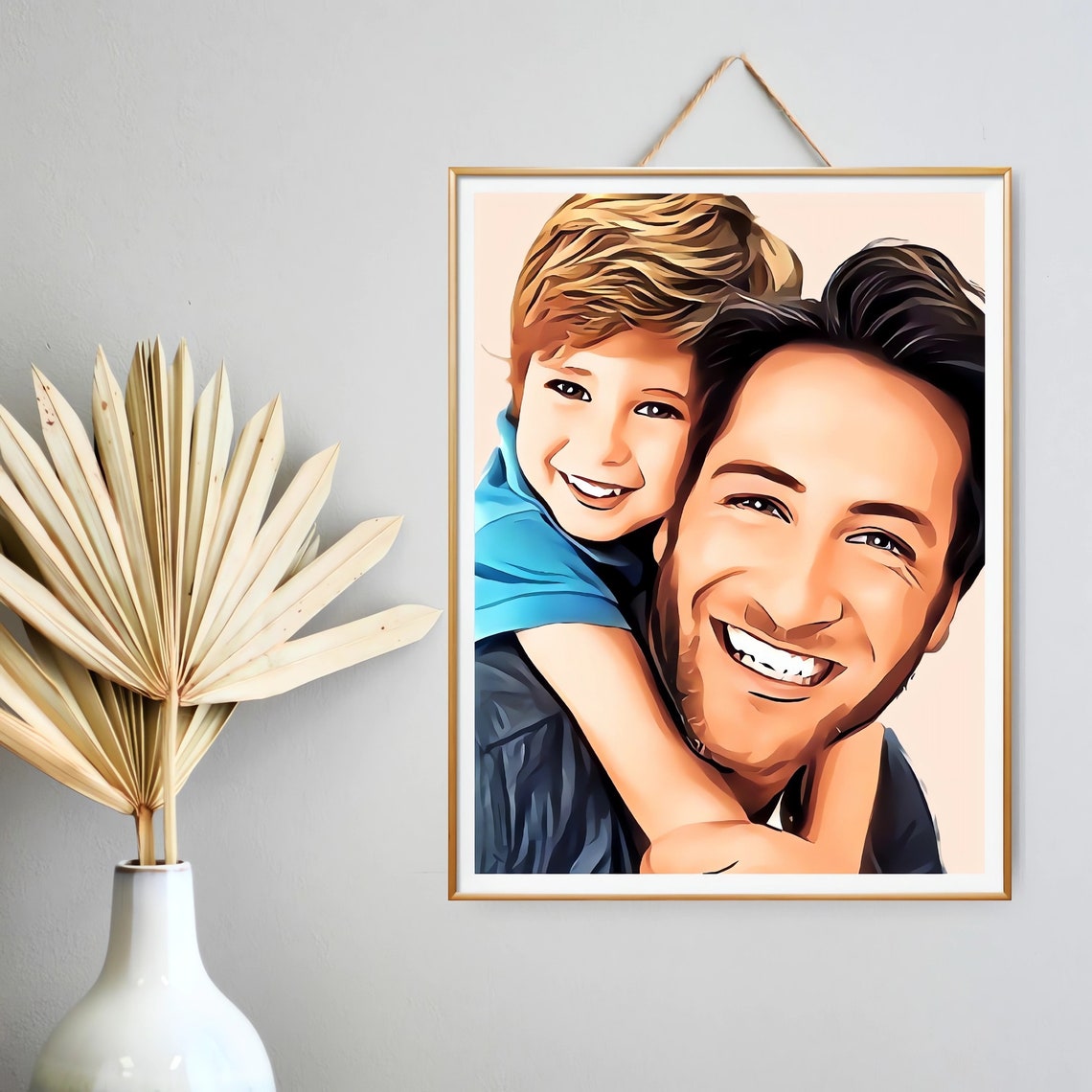 Joyful Dad And Son Cartoon Portrait Custom Illustration Poster