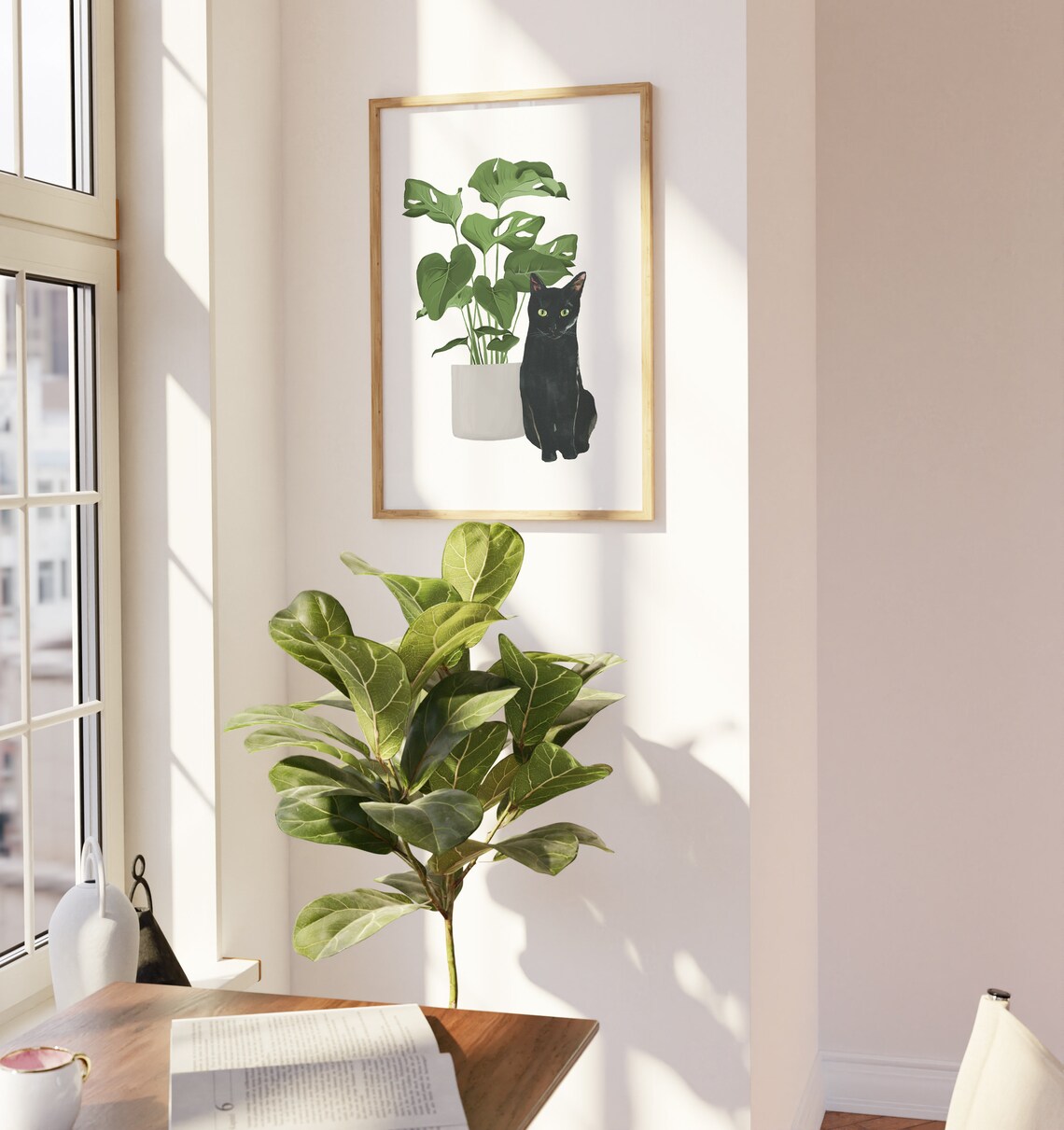 Black Cat Monstera Watercolor Cat Print, Art Poster - Image 4