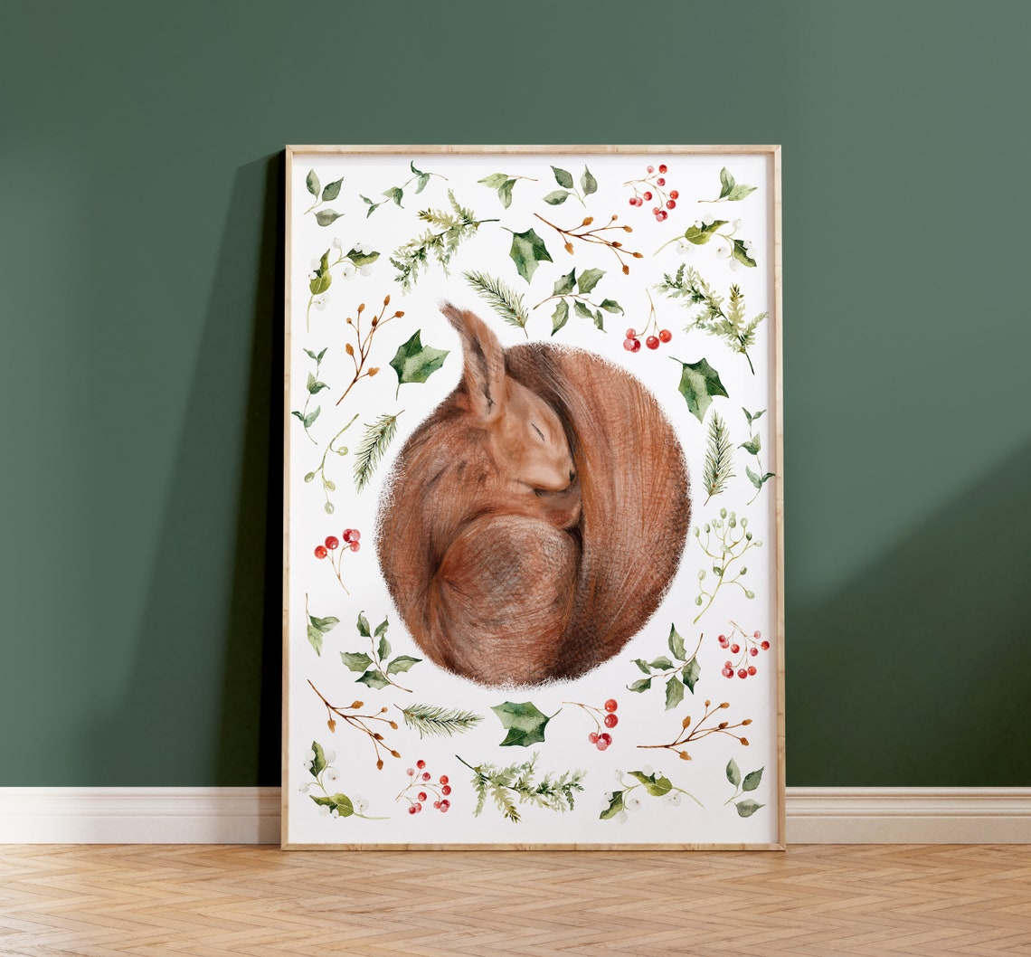 Sleeping Red Squirrel Curled In Botanical Holly Wreath Wall Art