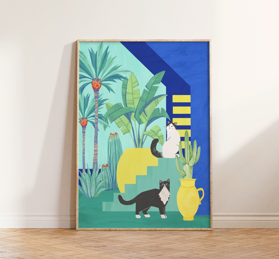 Tropical Plant And Cat Art Print, Botanical Style