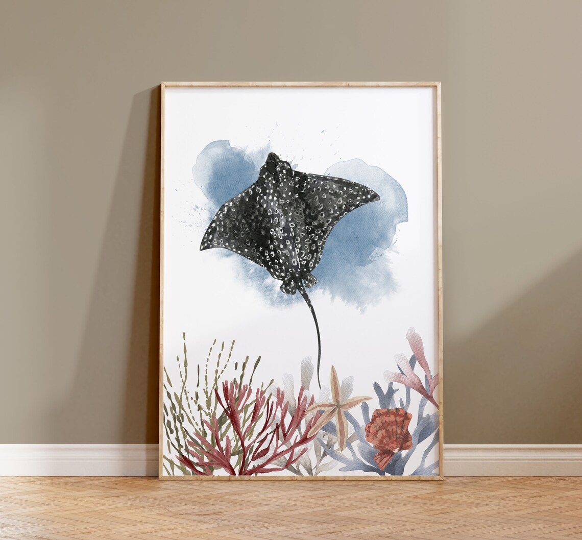 Eagle Ray Watercolor Art Print, Ocean Species Poster