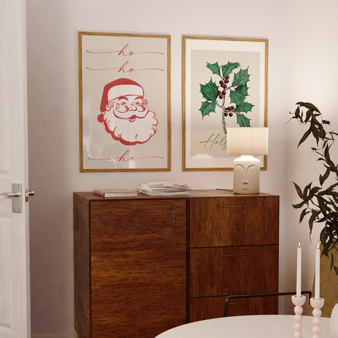 Ho Ho Ho Jolly Retro Santa Claus Face Cream Red Christmas Wall Art - Image 2
