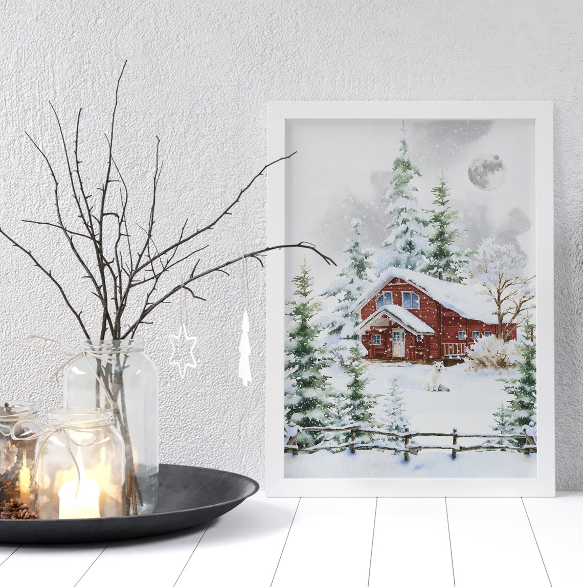 White Arctic Wolf Resting Before Red Snowy Cabin Moonlight Wall Art - Image 2