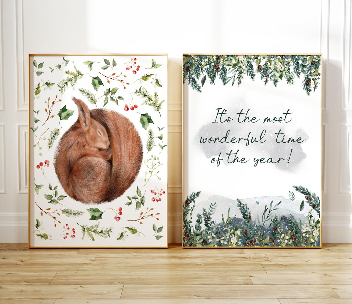 Sleeping Red Squirrel Curled In Botanical Holly Wreath Wall Art - Image 2