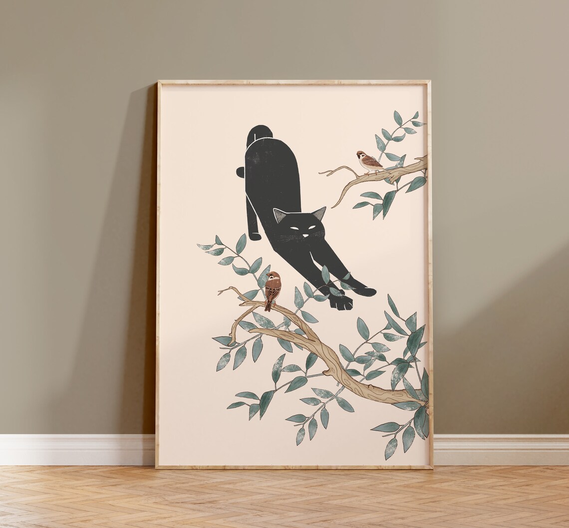 Stretching Black Cat and Birds Art Print