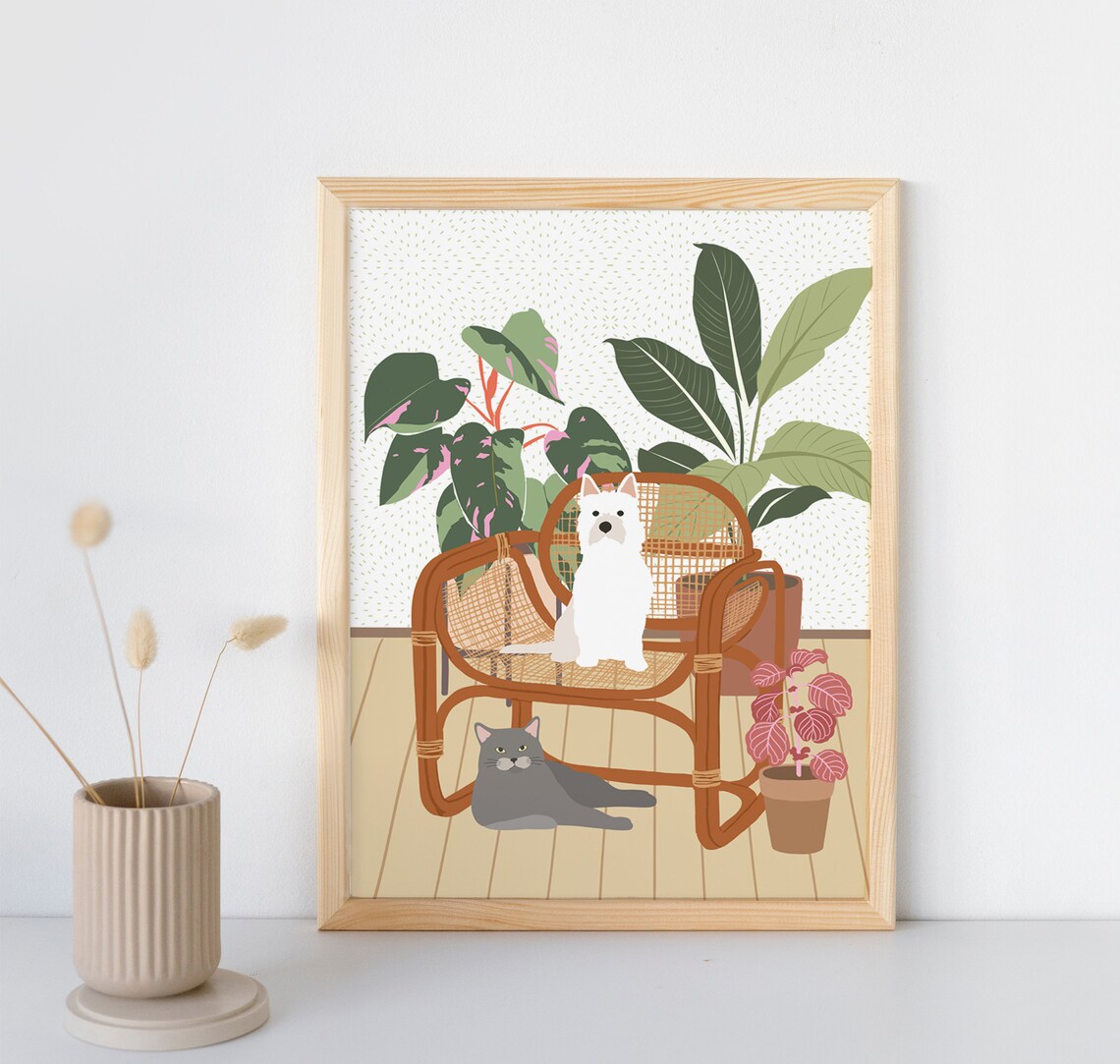 Dog And Cat In Home Art Print, Pet Lover Gift