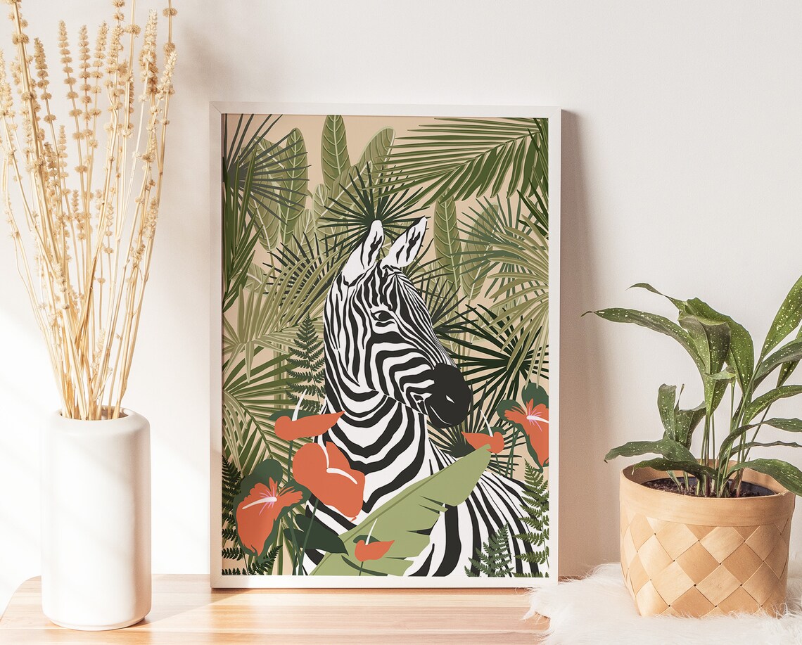 Zebra Tropical Plants Poster, Jungle Wall Art