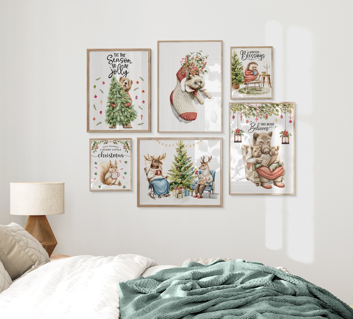 Christmas Kitten Art Christmas Wall Art Watercolor Christmas Winter Wall Art Christmas Christmas Animal Art Cozy Winter Art - Image 2