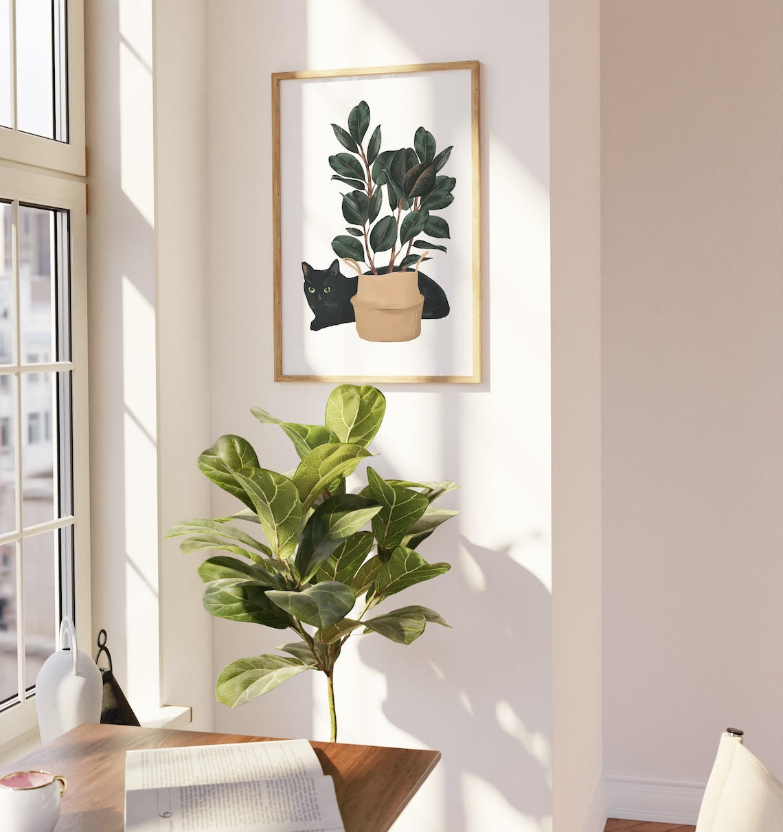 Black Cat and House Plant Watercolor Cat Print - Image 4