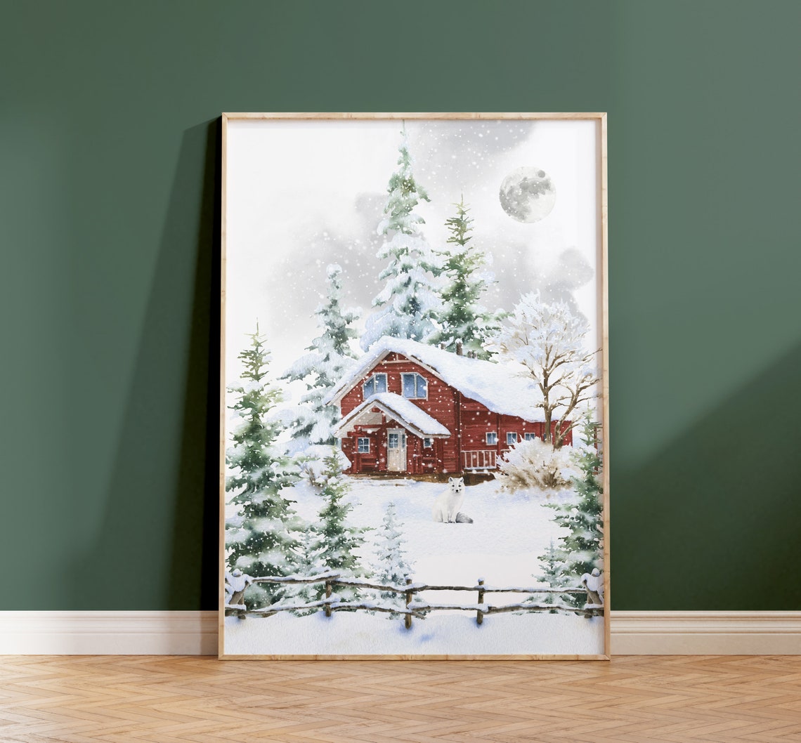 White Arctic Wolf Resting Before Red Snowy Cabin Moonlight Wall Art