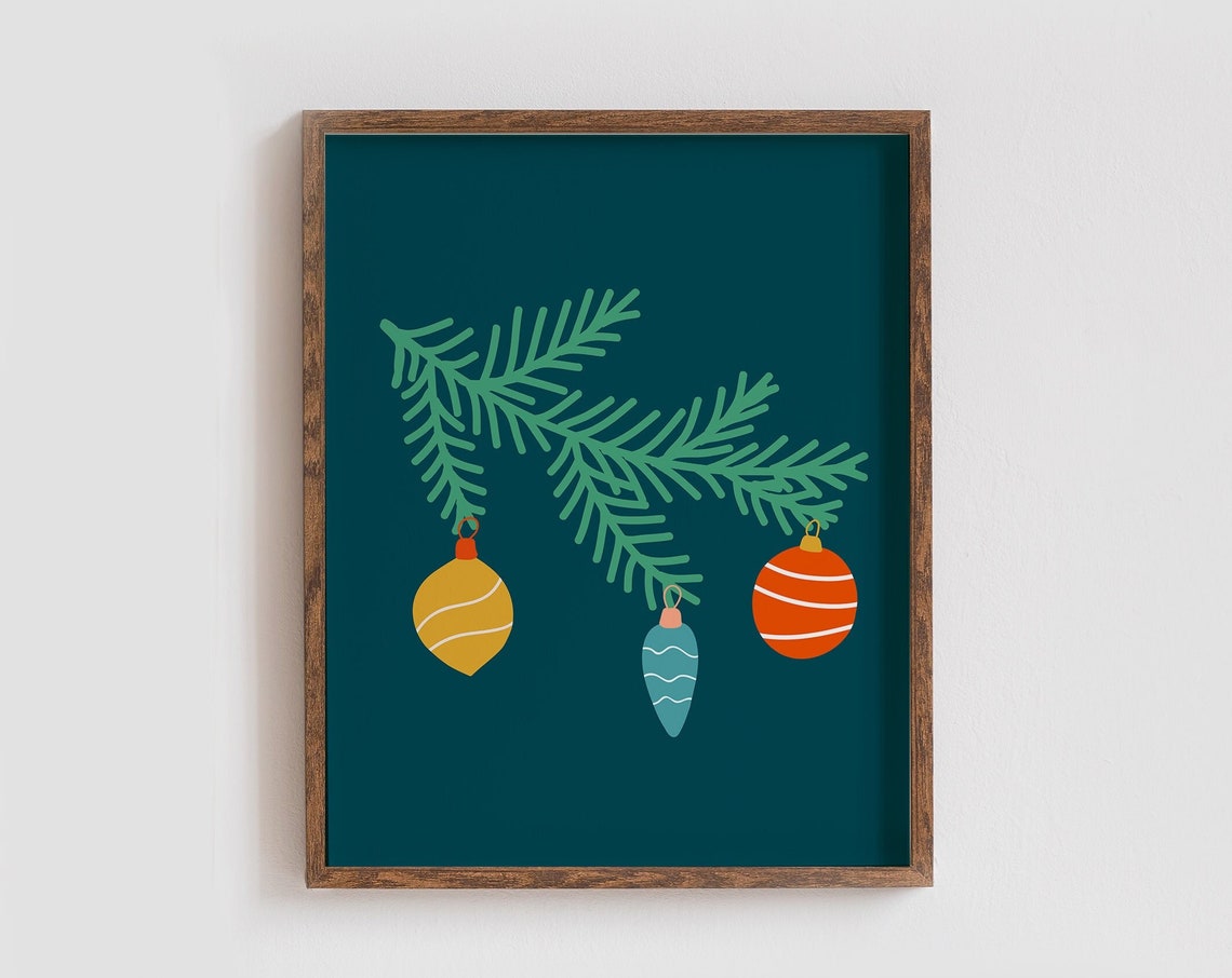 Retro Christmas Pine Branch Ornaments Holiday Wall Decor Poster
