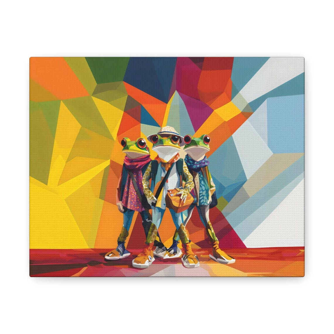 Funny Frog Trio in Trendy Outfits on a Bold Colorful Abstract Poster - Image 3