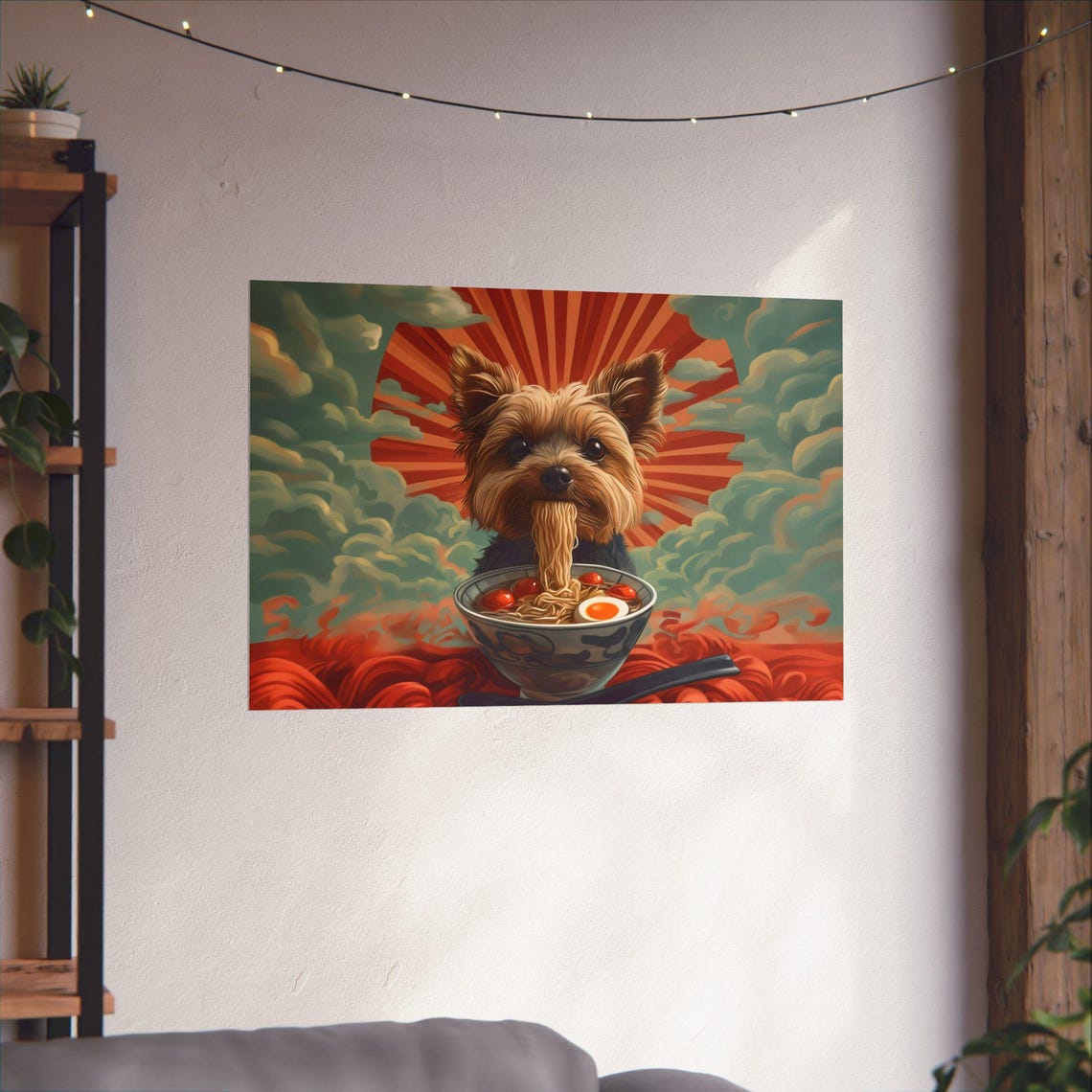 Tiny Yorkshire Terrier Eating Ramen Under Red Rising Sun Poster - Image 3