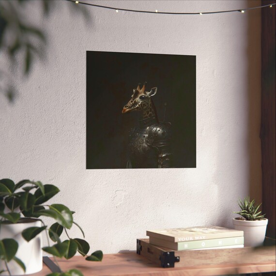 Giraffe Knight In Dark Armor On Black Backdrop Medieval Poster