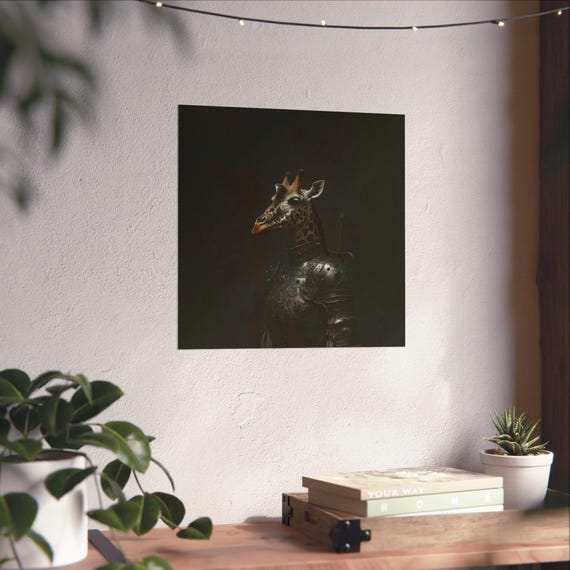 Maximalist Eclectic Medieval Giraffe Knight Poster Print Bold Altered Animal Portrait Fantasy Fun Colorful Renaissance Rustic Art