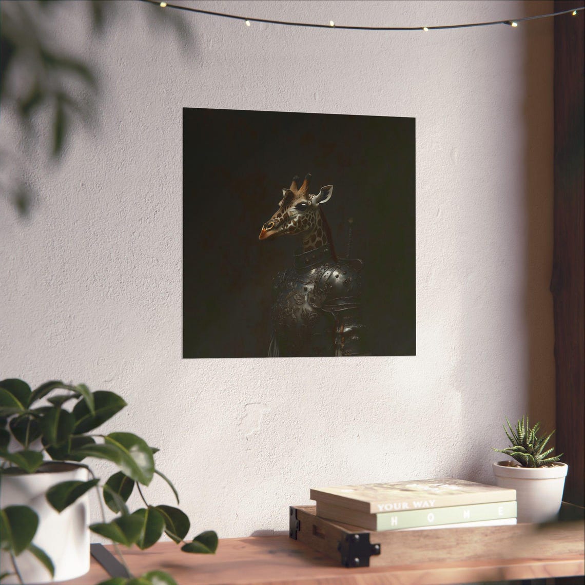 Giraffe Knight In Dark Armor On Black Backdrop Medieval Poster