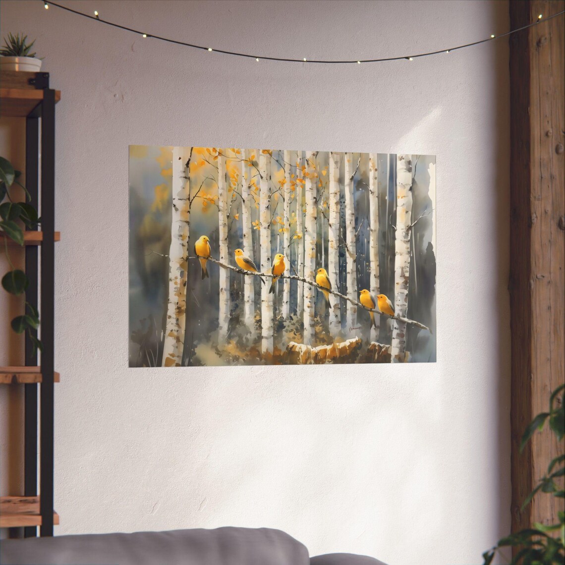 Golden Songbirds Perched In Autumn Aspen Grove Painting Wall Art - Image 2