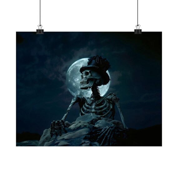 Skeleton in Top Hat Sitting Under Full Moon Dark Gothic Poster