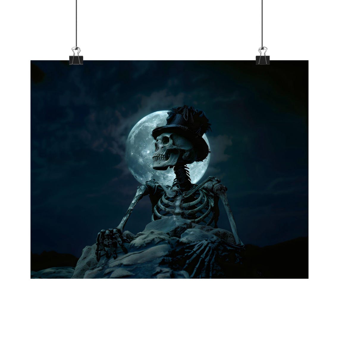Skeleton in Top Hat Sitting Under Full Moon Dark Gothic Poster