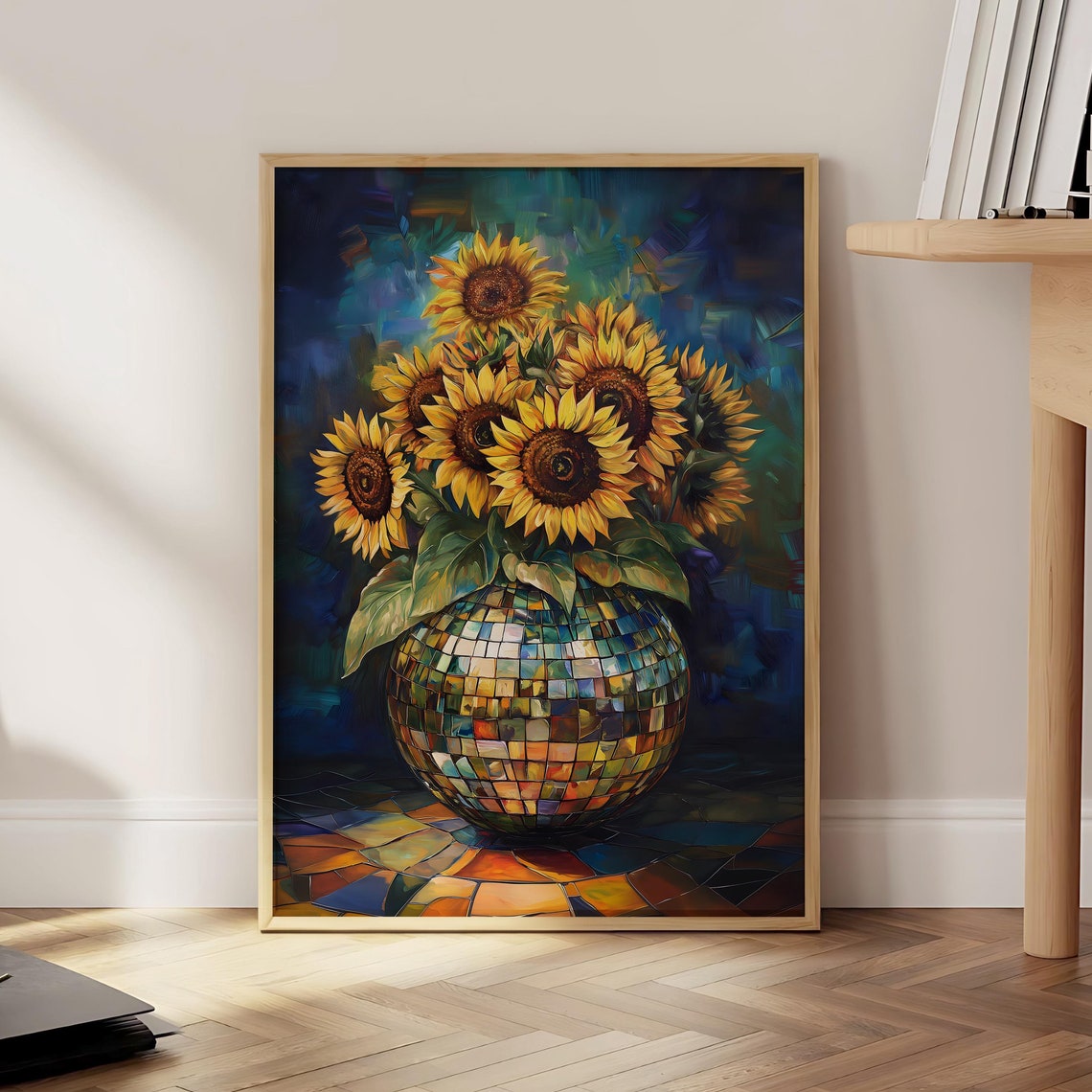 Sunflower Disco Ball Print Retro Floral Mosaic Art