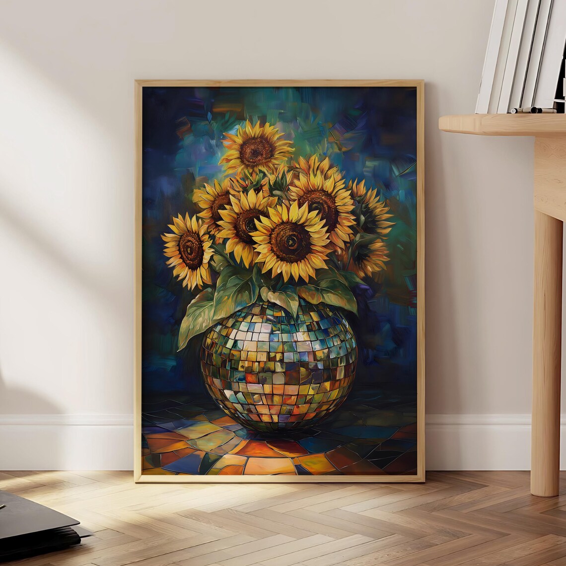 Sunflowers Disco Ball Mosaic Vase Deep Blue Floral Art Poster