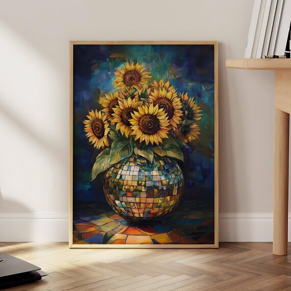 Sunflowers Disco Ball Mosaic Vase Deep Blue Floral Art Poster
