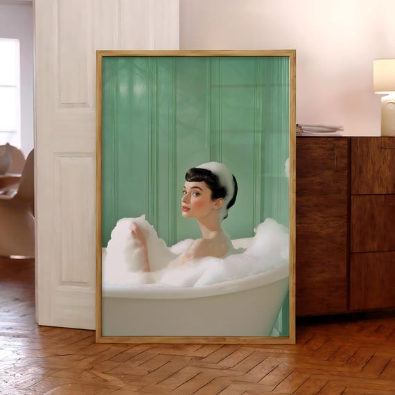 Audrey Hepburn Bathtub Poster Tiffanys Vintage Bubble Bath Print Retro Bathroom Wall Art Digital File