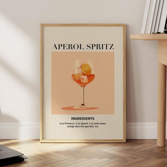 Aperol Spritz Cocktail Recipe Minimalist Retro Kitchen Bar Print