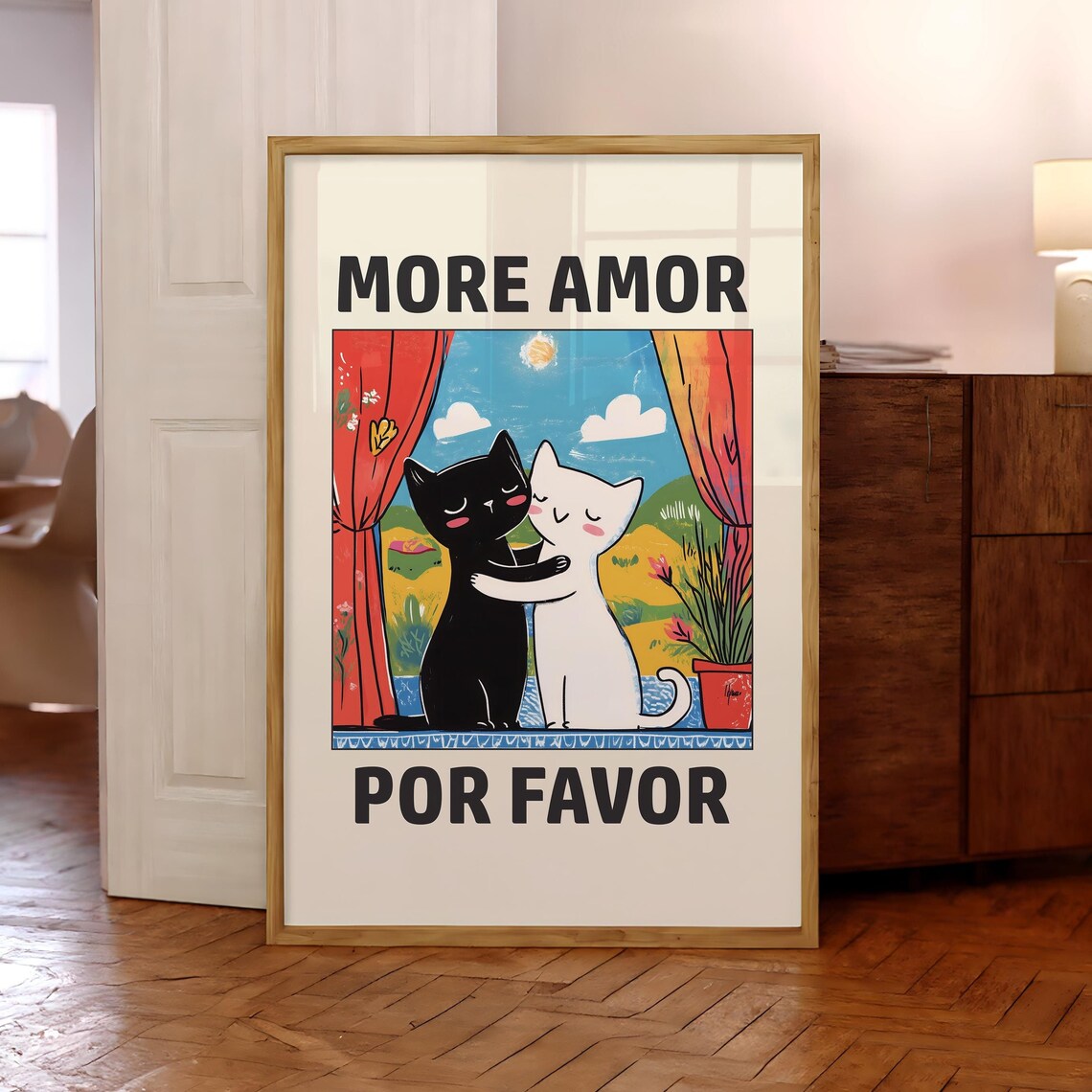 More Amor Por Favor Cats Kissing Cute Illustrated Retro Love Quote Poster