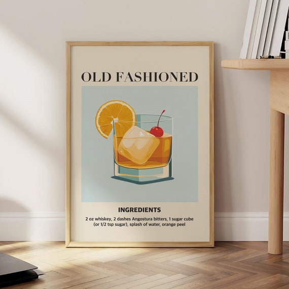 Old Fashioned Cocktail Print Party Drink Wall Art Trendy Retro Kitchen Poster Bar Cart Optional Frame