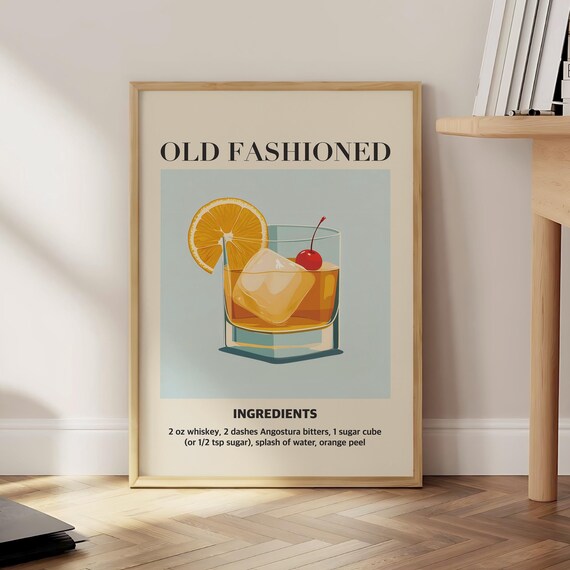 Old Fashioned Cocktail Recipe Orange Cherry Whiskey Bar Poster