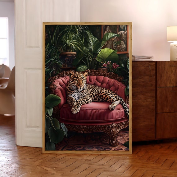 Leopard On Pink Sofa Poster Jungle Tiger Print Maximalist Wall Decor Vibrant Prints Art Optional Frame