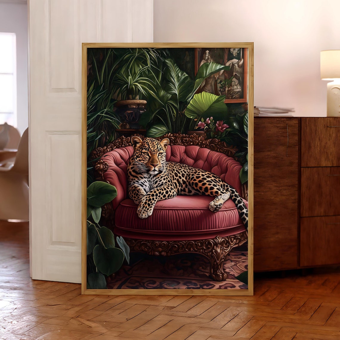 Leopard On Pink Sofa Poster Jungle Tiger Print Maximalist Wall Decor Vibrant Prints Art Optional Frame
