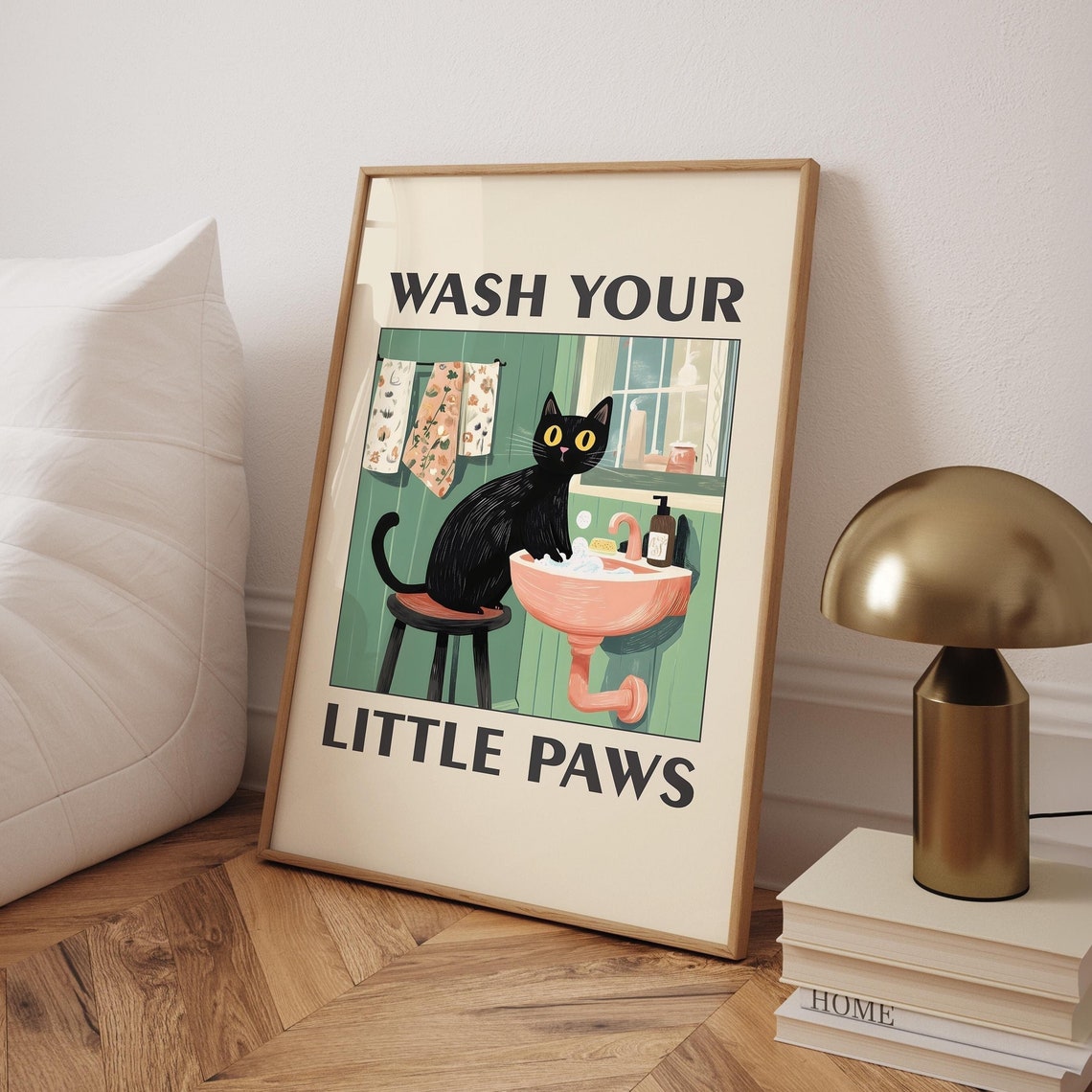 Wash Your Paws Cat Poster Black Wall Art Funny Bathroom Print Humor Washing Up Toilet Optional Frame