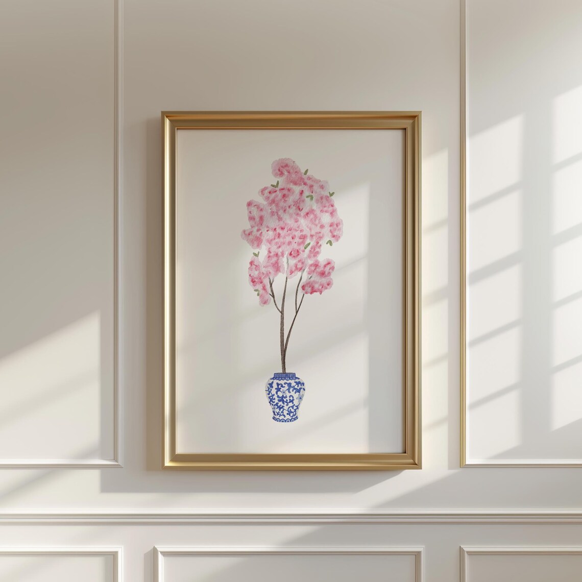 Watercolor Cherry Blossom Tree In Ginger Jar, Grandmillennial Decor - Image 3
