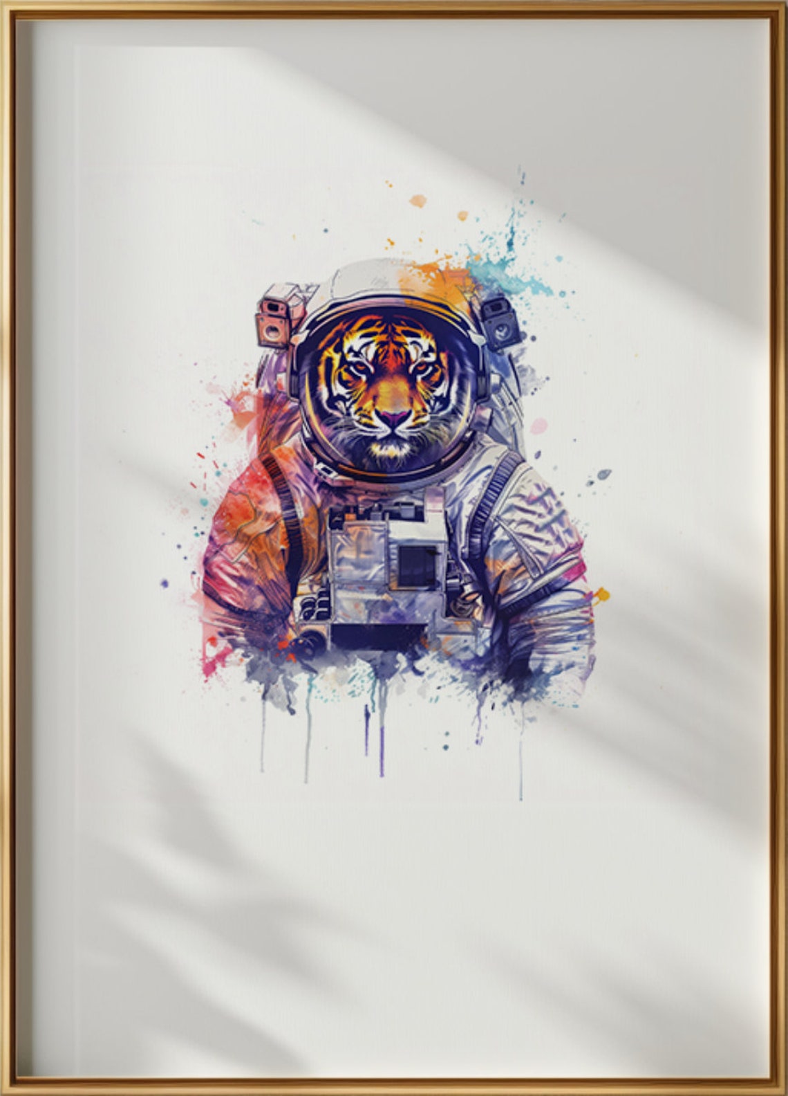 Tiger In Astronaut Helmet Colorful Watercolor Splash Painting Print - Image 3