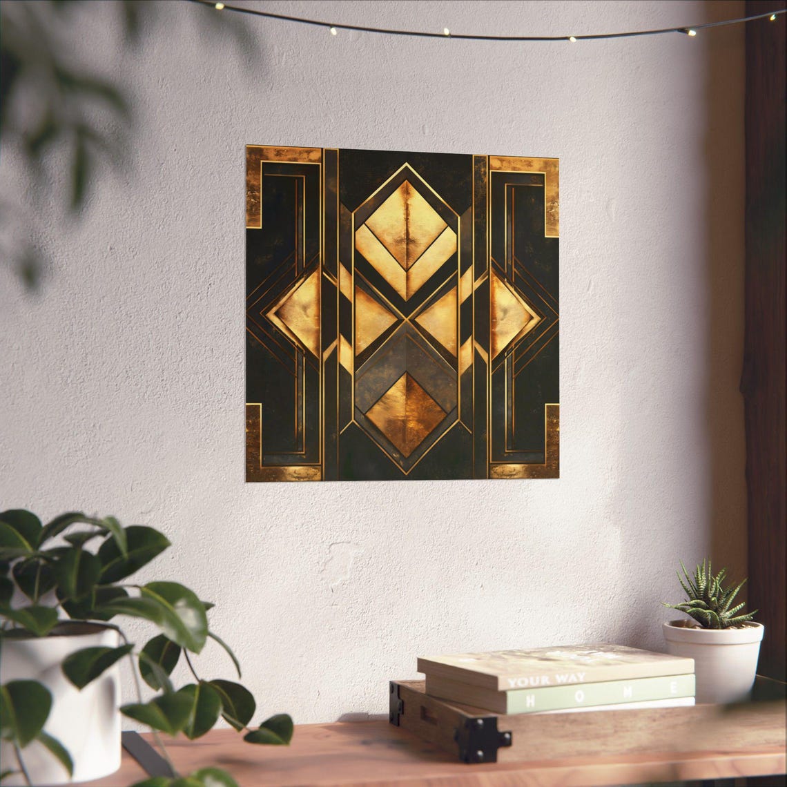 Black And Gold Geometric Art Deco Diamond Pattern Square Wall Art
